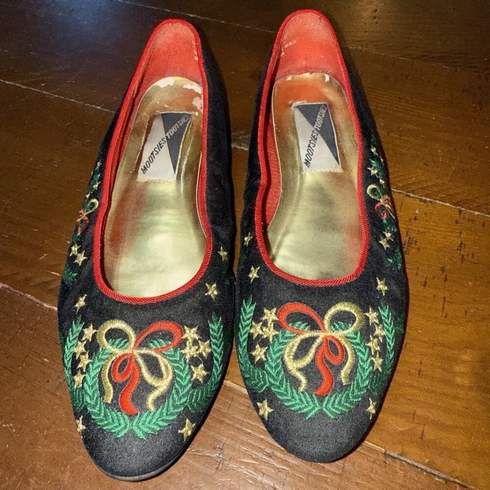 Vintage Mootsies Tootsies Shoes Womens Size 7.5 Black Velvet Christmas Flats Bow